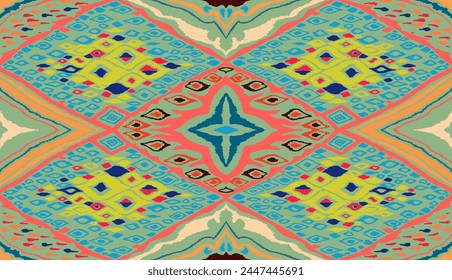 Seamless pattern with multicolored diamonds. Geometric chevron abstract illustration, wallpaper. Tribal ethnic vector texture. Aztec style. Folk embroidery. Indian, Scandinavian, African rug.