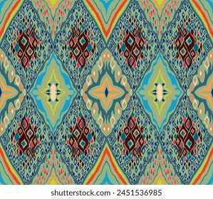 Seamless pattern with multicolored diamonds. Geometric chevron abstract illustration, wallpaper. Tribal ethnic vector texture. Aztec style. Folk embroidery. Indian, Scandinavian, African rug.