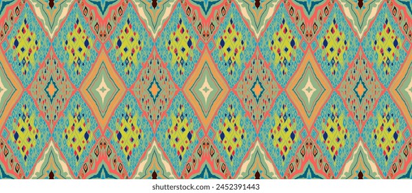 Seamless pattern with multicolored diamonds. Geometric chevron abstract illustration, wallpaper. Tribal ethnic vector texture. Aztec style. Folk embroidery. Indian, Scandinavian, African rug.