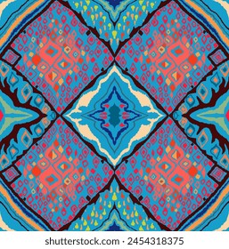 Seamless pattern with multicolored diamonds. Geometric chevron abstract illustration, wallpaper. Tribal ethnic vector texture. Aztec style. Folk embroidery. Indian, Scandinavian, African rug.