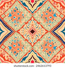 Seamless pattern with multicolored diamonds. Geometric chevron abstract illustration, wallpaper. Tribal ethnic vector texture. Aztec style. Folk embroidery. Indian, Scandinavian, African rug.