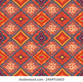 Nahtloses Muster mit mehrfarbigen Diamanten. Geometrische Chevron abstrakte Illustration, Bildschirmhintergrund. Textur der ethnischen Vektorgrafik. Azteken-Stil. Folk Stickerei. Indischer, skandinavischer, afrikanischer Teppich.