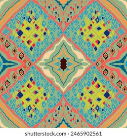 Seamless pattern with multicolored diamonds. Geometric chevron abstract illustration, wallpaper. Tribal ethnic vector texture. Aztec style. Folk embroidery. Indian, Scandinavian, African rug.