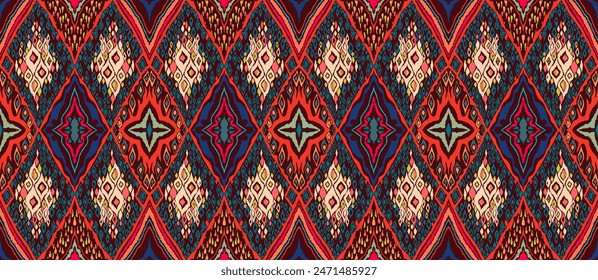 Seamless pattern with multicolored diamonds. Geometric chevron abstract illustration, wallpaper. Tribal ethnic vector texture. Aztec style. Folk embroidery. Indian, Scandinavian, African rug.