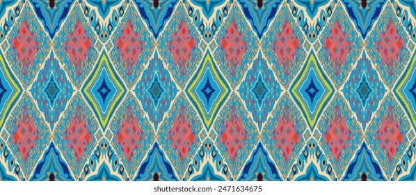 Seamless pattern with multicolored diamonds. Geometric chevron abstract illustration, wallpaper. Tribal ethnic vector texture. Aztec style. Folk embroidery. Indian, Scandinavian, African rug.