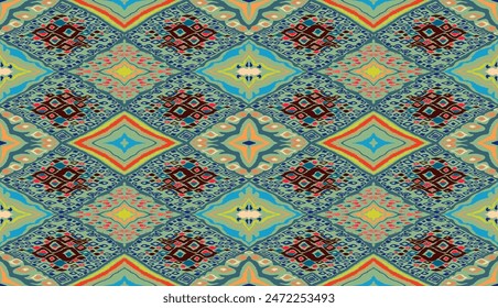 Seamless pattern with multicolored diamonds. Geometric chevron abstract illustration, wallpaper. Tribal ethnic vector texture. Aztec style. Folk embroidery. Indian, Scandinavian, African rug.