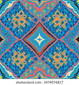 Seamless pattern with multicolored diamonds. Geometric chevron abstract illustration, wallpaper. Tribal ethnic vector texture. Aztec style. Folk embroidery. Indian, Scandinavian, African rug.