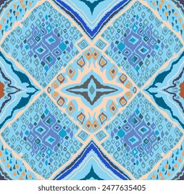 Seamless pattern with multicolored diamonds. Geometric chevron abstract illustration, wallpaper. Tribal ethnic vector texture. Aztec style. Folk embroidery. Indian, Scandinavian, African rug.