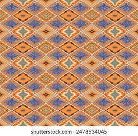 Seamless pattern with multicolored diamonds. Geometric chevron abstract illustration, wallpaper. Tribal ethnic vector texture. Aztec style. Folk embroidery. Indian, Scandinavian, African rug.
