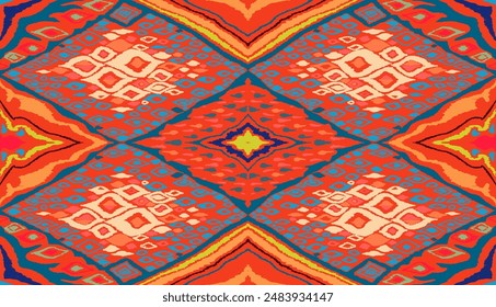 Seamless pattern with multicolored diamonds. Geometric chevron abstract illustration, wallpaper. Tribal ethnic vector texture. Aztec style. Folk embroidery. Indian, Scandinavian, African rug.
