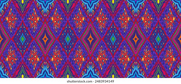 Seamless pattern with multicolored diamonds. Geometric chevron abstract illustration, wallpaper. Tribal ethnic vector texture. Aztec style. Folk embroidery. Indian, Scandinavian, African rug.