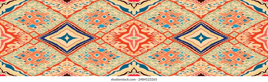 Seamless pattern with multicolored diamonds. Geometric chevron abstract illustration, wallpaper. Tribal ethnic vector texture. Aztec style. Folk embroidery. Indian, Scandinavian, African rug.