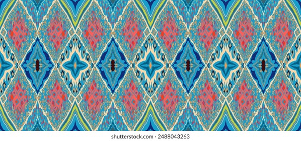 Seamless pattern with multicolored diamonds. Geometric chevron abstract illustration, wallpaper. Tribal ethnic vector texture. Aztec style. Folk embroidery. Indian, Scandinavian, African rug.