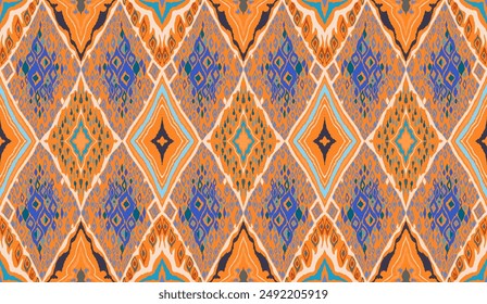 Seamless pattern with multicolored diamonds. Geometric chevron abstract illustration, wallpaper. Tribal ethnic vector texture. Aztec style. Folk embroidery. Indian, Scandinavian, African rug.