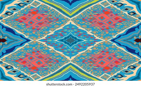 Nahtloses Muster mit mehrfarbigen Diamanten. Geometrische Chevron abstrakte Illustration, Bildschirmhintergrund. Textur der ethnischen Vektorgrafik. Azteken-Stil. Folk Stickerei. Indischer, skandinavischer, afrikanischer Teppich.