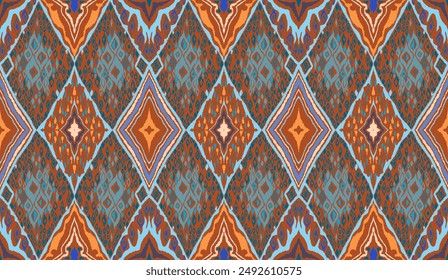 Seamless pattern with multicolored diamonds. Geometric chevron abstract illustration, wallpaper. Tribal ethnic vector texture. Aztec style. Folk embroidery. Indian, Scandinavian, African rug.