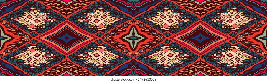 Seamless pattern with multicolored diamonds. Geometric chevron abstract illustration, wallpaper. Tribal ethnic vector texture. Aztec style. Folk embroidery. Indian, Scandinavian, African rug.