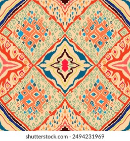 Seamless pattern with multicolored diamonds. Geometric chevron abstract illustration, wallpaper. Tribal ethnic vector texture. Aztec style. Folk embroidery. Indian, Scandinavian, African rug.