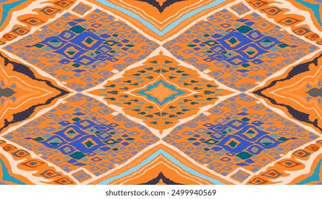 Seamless pattern with multicolored diamonds. Geometric chevron abstract illustration, wallpaper. Tribal ethnic vector texture. Aztec style. Folk embroidery. Indian, Scandinavian, African rug.