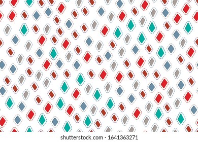 Seamless pattern. Multi-colored diamonds on a white background with shadow and embroidered stitches on the contour