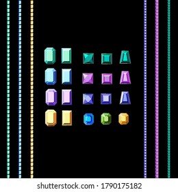 Seamless pattern of multi-colored diamonds on a black background. Stylish wallpaper with fashion accessories. Chains with precious stones of various cuts.