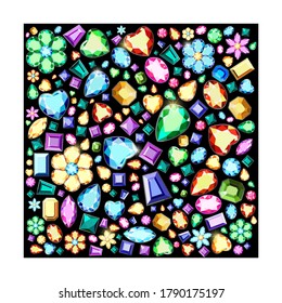 Patrón sin fisuras de diamantes multicolores sobre fondo negro. Gemas de diferentes colores y galeras diferentes. Complementos elegantes para mujeres hechos de oro y plata. 