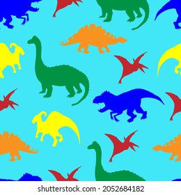 seamless pattern of multicolored dinosaurs on a blue background