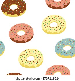 seamless pattern with multicolored donuts. Flat vector illustration on white isolated background.