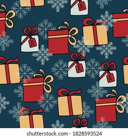 Seamless pattern with multicolored doodle gifts with bows and snowflakes on a dark green background, festive christmas entourage from simple lines, vector illustration for design and creativity