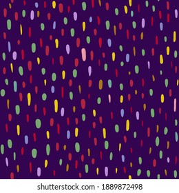  Seamless pattern of multi-colored dots, smears, spots, ovals on a dark background. Abstract pattern. Hand-drawn vector illustration