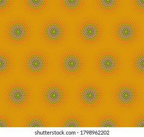 Seamless pattern multicolored pattern with dotted halftone circles. Stylish geometric texture. Modern abstract background. Wallpaper, textile patch, wrapping paper, page filling, spider web.