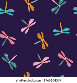 Seamless pattern with multicolored dragonflies on a dark blue background. Vector summer pattern for fabric and wallpaper design.