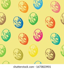 Seamless pattern of multicolored eggs on a beige background, vector illustration