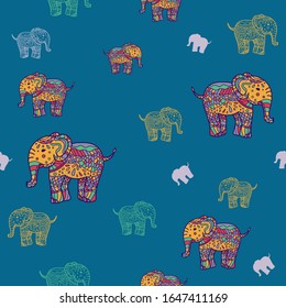 Seamless Pattern of multicolored elephants elephants. Background Children's pattern. Background of cute elephants. doodle style. Textile Wrapping paper background. repeating image. hand drawing