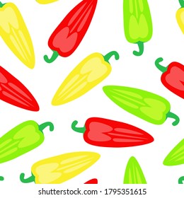 Seamless pattern with multi-colored elongated peppers - red, yellow and green peppers isolated on white background