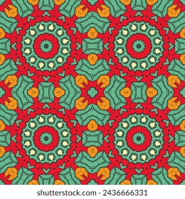 Seamless pattern with multi-colored fairy-tale ornament. The palette is dominated by red, yellow and blue colors. Vector illustration