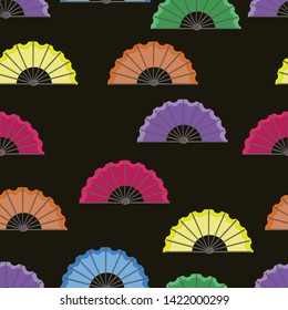 Seamless pattern of multicolored fans on a black background