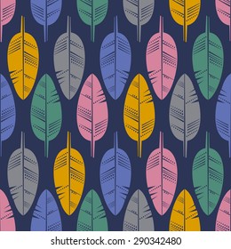 Seamless Pattern of Multicolored Feathers for Modern Wallpaper Textile - Vector. Boho Style texture. Cute feather background.