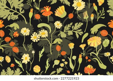 A seamless pattern with multicolored flower parts isolated on the black background. A translucent plant silhouette is placed underneath. Parts of the marigold, calendula, chamomile, and rose fruits.