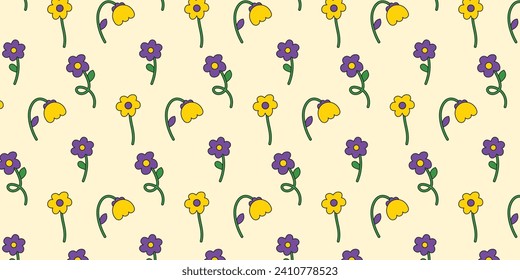 Seamless pattern with multicolored flowers collection in retro groovy style. 70s, 80s, 90s vibe. Trendy hand drawn flowers. Vector illustration. Botanical floral elements.