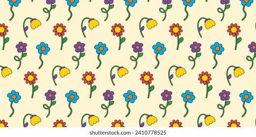 Seamless pattern with multicolored flowers collection in retro groovy style. 70s, 80s, 90s vibe. Trendy hand drawn flowers. Vector illustration. Botanical floral elements.