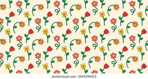 Seamless pattern with multicolored flowers collection in retro groovy style. Simple flat style flowers. Trendy hand drawn flowers. Botanical floral elements.