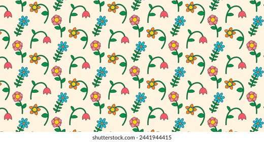 Patrón sin costuras con colección de flores multicolores en estilo retro groovy. Flores simples de estilo plano. Flores dibujadas a mano de moda. Elementos botánicos florales.