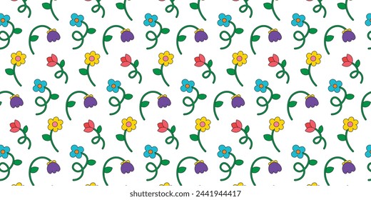 Seamless pattern with multicolored flowers collection in retro groovy style. Simple flat style flowers. Trendy hand drawn flowers. Botanical floral elements.