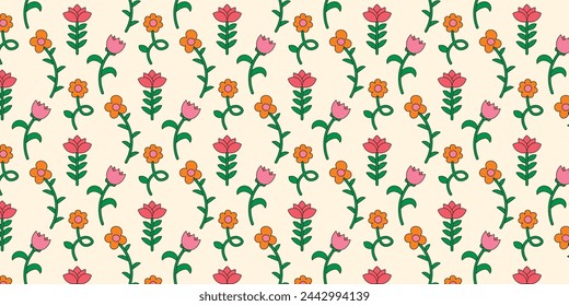 Seamless pattern with multicolored flowers collection in retro groovy style. Simple flat style flowers. Trendy hand drawn flowers. Botanical floral elements.