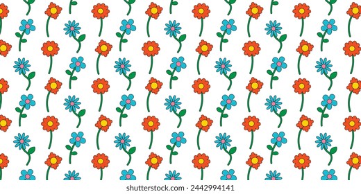 Seamless pattern with multicolored flowers collection in retro groovy style. Simple flat style flowers. Trendy hand drawn flowers. Botanical floral elements.