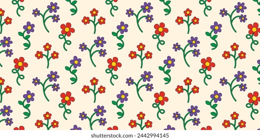 Seamless pattern with multicolored flowers collection in retro groovy style. Simple flat style flowers with editable stroke. Trendy hand drawn flowers. Botanical floral elements.