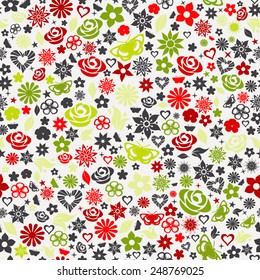 Seamless pattern of multicolored flowers, leafs, stars, butterflies and hearts