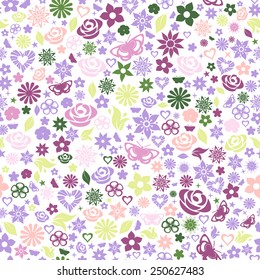 Seamless pattern of multicolored flowers, leafs, stars, butterflies and hearts