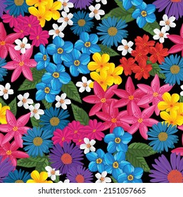 Seamless pattern with multicolored flowers and leaves on a black background. Floral vector illustration with bright and vivid colors. Great for fabrics, wrapping, textures, and backgrounds.